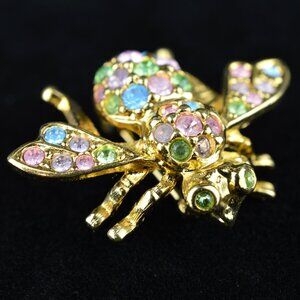 Vintage Joan Rivers Signed Pastel Rhinestone Bee Pin Brooch Gold Tone Classics